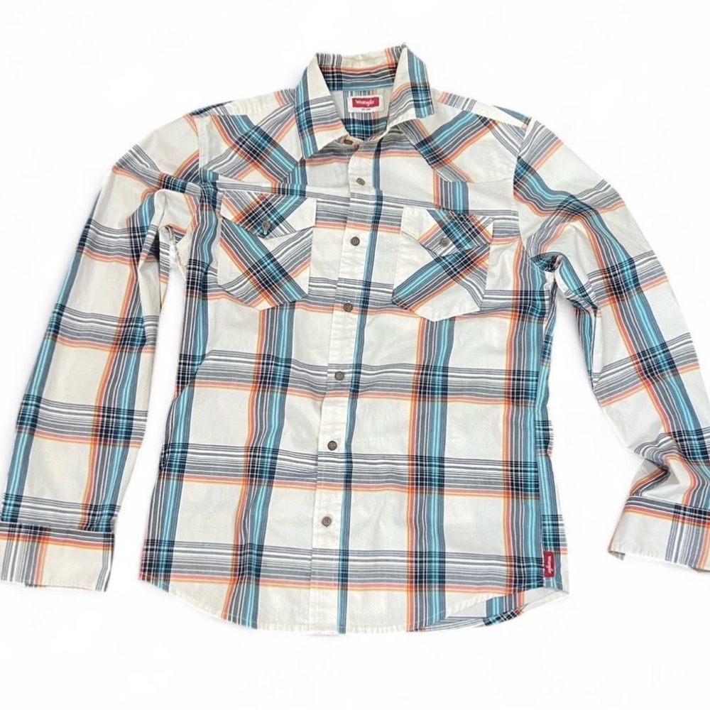 Wrangler Blue and Orange Plaid Casual Button Down Shirt - Picture 3 of 6